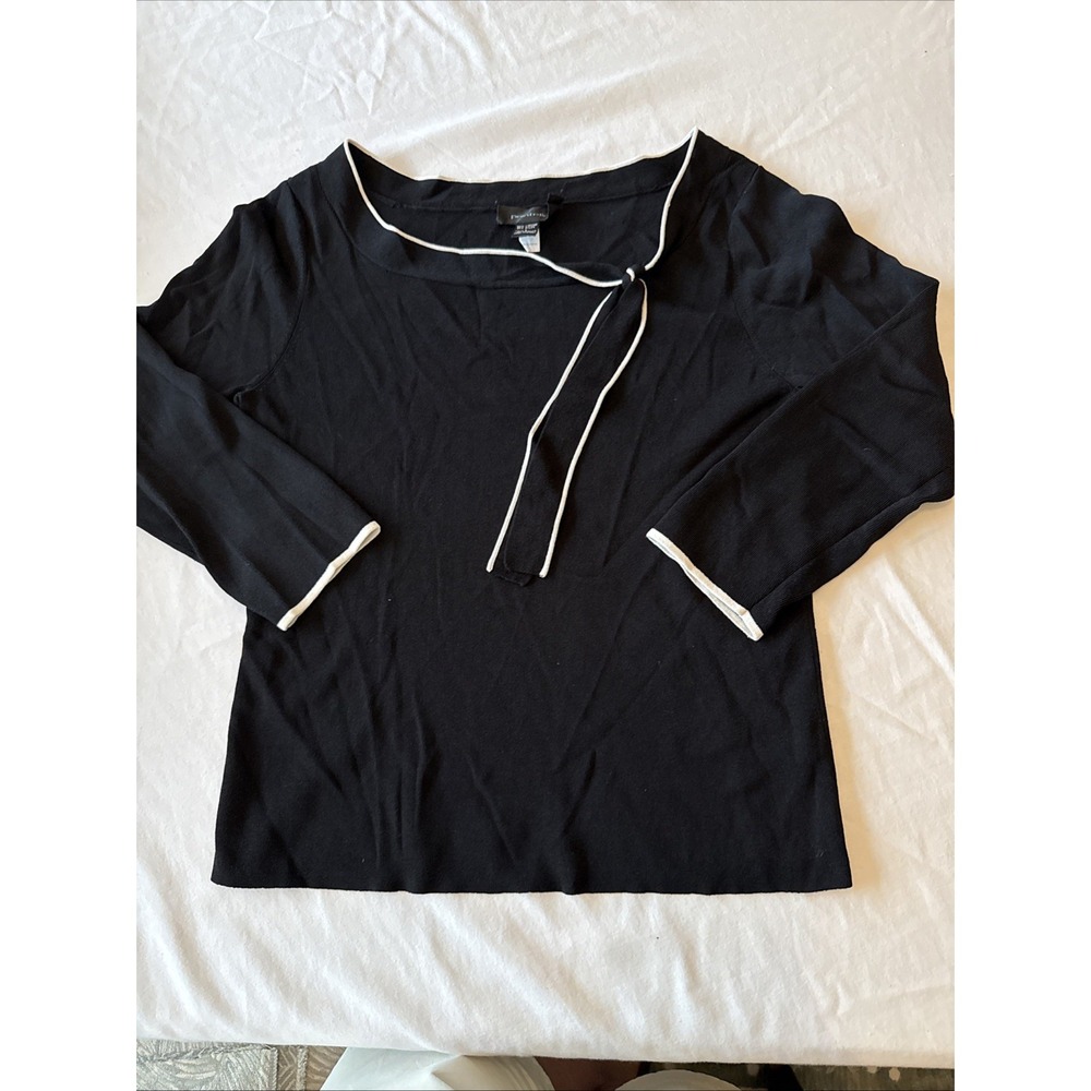 Pointelle Women Black Knit Blouse Boat Neck Tie Detail 3/4 Sleeve Large
